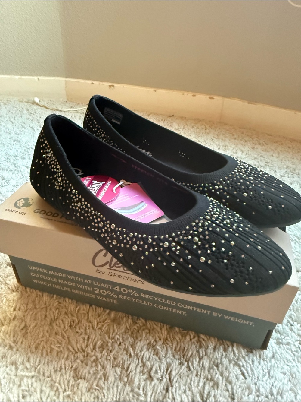 Skechers Black Rhinestone-Studded Slip-On Cleo’s Flats